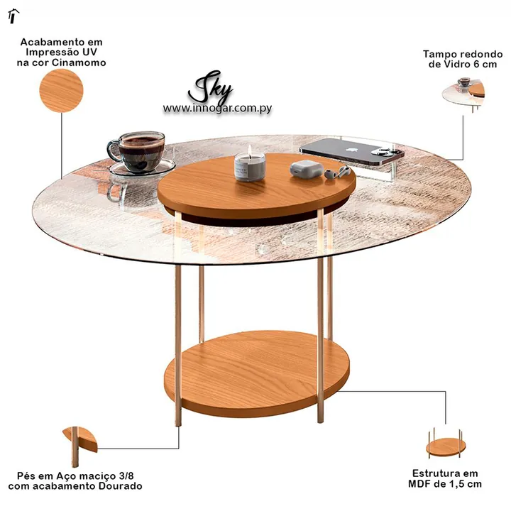 Mesa Centro Sky con Vidrio Cinamomo Off White, foto 3